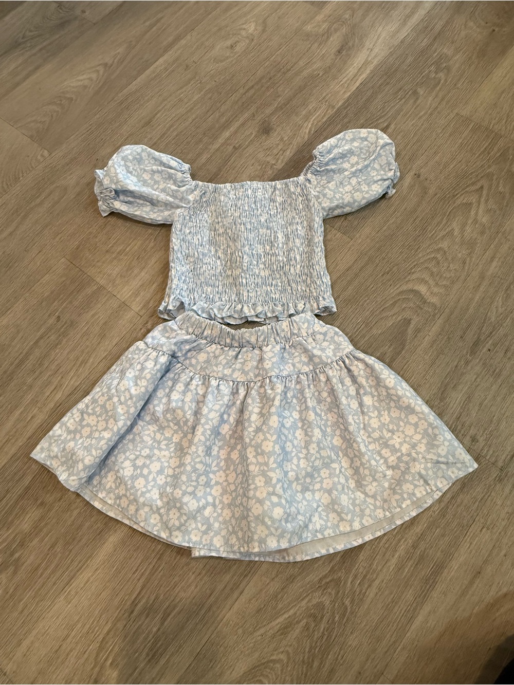 Smocked Puff-Sleeve Floral Two-Piece Dress for Girls - Light Blue